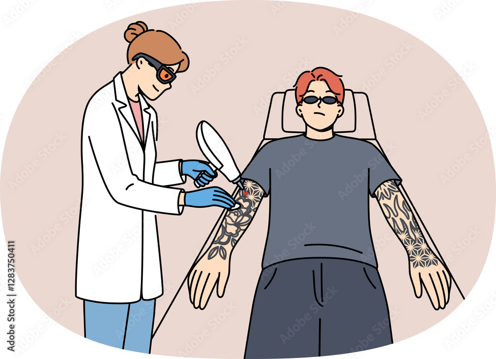 Procedure for laser tattoo removal from guy arms, with professional woman doctor. Casual man wants to get rid of tattoos made at young age and interfering with professional growth.