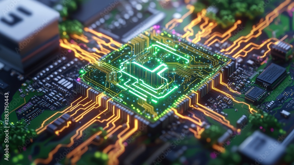 Obraz premium Green circuit board with 5g wireless network and cloud computing technology illustration