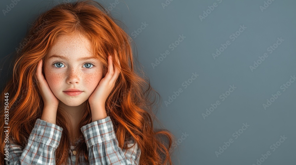 This image portrays a young girl with striking red hair and freckles, posing thoughtfully against a calm blue background, evoking a sense of innocence and wonder. This image portrays a young girl with striking red hair and freckles, posing thoughtfully against a calm blue background, evoking a sense of innocence and wonder.