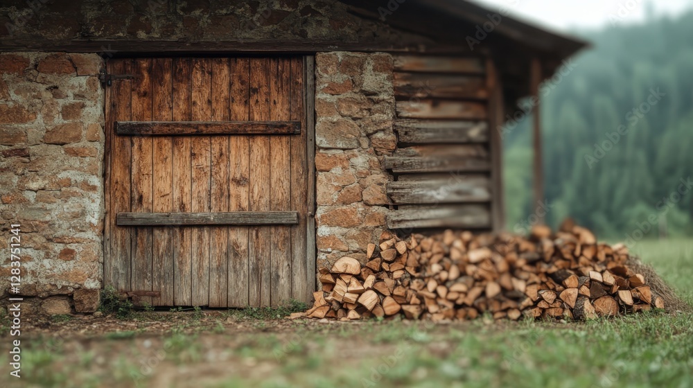 A quaint wooden barn with a solid door and neatly stacked firewood nearby, set against a serene rural backdrop, reflecting simplicity and an unhurried lifestyle. A quaint wooden barn with a solid door and neatly stacked firewood nearby, set against a serene rural backdrop, reflecting simplicity and an unhurried lifestyle.