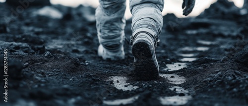 An astronaut's footsteps mark a solitary path across rugged extraterrestrial ground, each step an emblem of exploration. photo