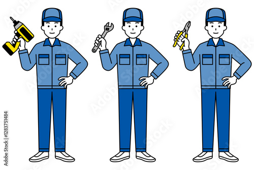 工具を持つつなぎ作業服の男性のセット（全身）