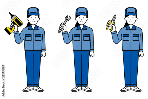 工具を持つつなぎ作業服の女性のセット（全身）