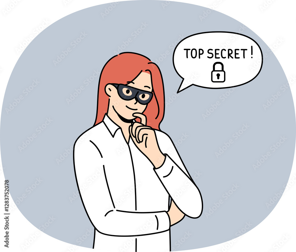 Woman corporate spy with mask on face is thinking about how to steal sensitive information with top secret status. Corporate spy girl infiltrated company to find out commercial data. Woman corporate spy with mask on face is thinking about how to steal sensitive information with top secret status. Corporate spy girl infiltrated company to find out commercial data.