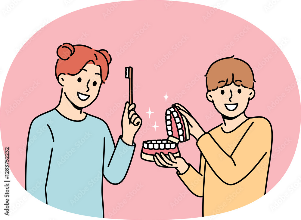 Happy children show rules of brushing teeth and using dental toothbrush to get rid of bacteria in mouth. Little boy and girl advise peers to take care of dental health of teeth and gums.