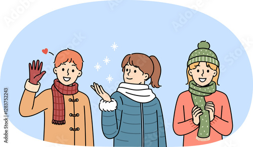 Принти на полотні Little kids in winter clothes stand under falling snow, rejoicing at onset of christmas weekend at school