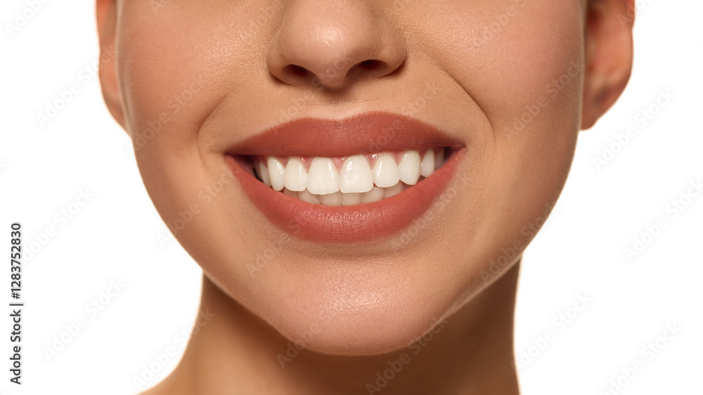 Obraz premium Close-up of young woman’s bright smile with white, healthy teeth and natural lip color against white studio background. Concept of natural beauty, cosmetology products, self-care, wellness.