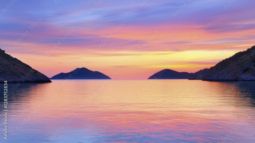 Calm bay reflections on serene water surface capture vibrant sunset hues with distant hills forming a peaceful scene. Calm bay reflections on serene water surface capture vibrant sunset hues with distant hills forming a peaceful scene.