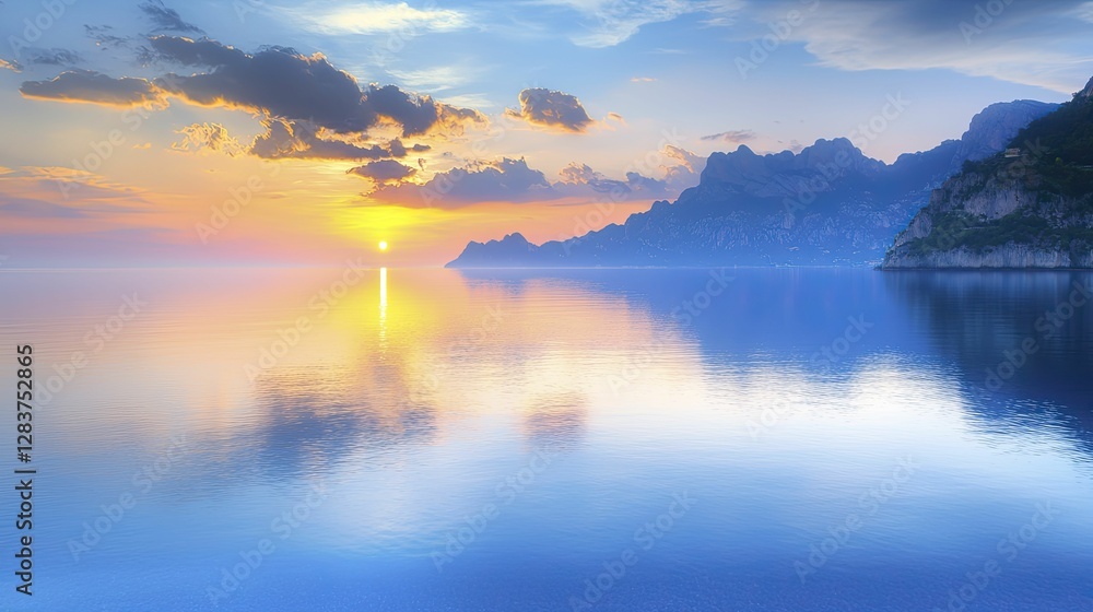 Fototapeta premium Calm bay reflections on serene water surface mirroring vibrant sunset hues with distant hills forming a peaceful backdrop.