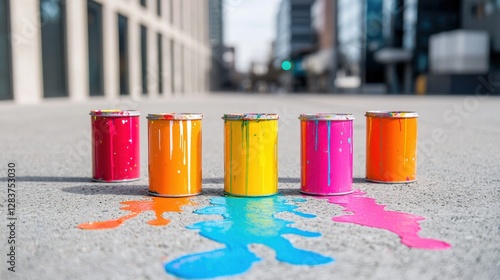 Colorful paint cans splashed on urban street with modern buildings in background, vibrant hues of pink, yellow, and blue create artistic visual appeal photo