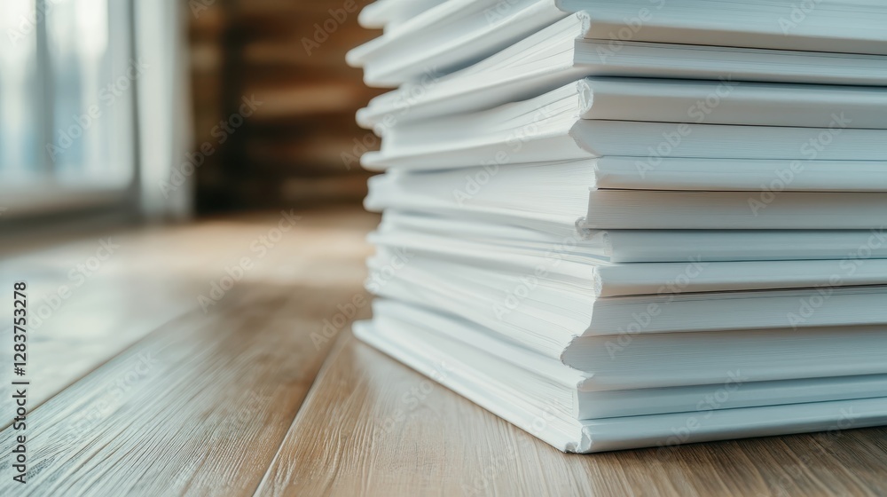 This image captures a beautiful stack of white books against a warm wooden floor, suggesting comfort, inviting space, perfect for reading and relaxation in a cozy setting. This image captures a beautiful stack of white books against a warm wooden floor, suggesting comfort, inviting space, perfect for reading and relaxation in a cozy setting.