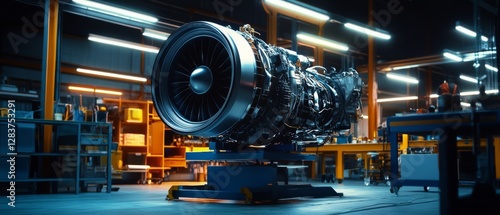 A powerful jet engine bathed in bright industrial lights, showcasing the complexity and innovation of modern aerospace engineering.