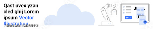 Robotic arm, cloud icon, and digital scheduling interface with task completion highlight collaboration in technology, data management, task automation. Ideal for productivity, AI, cloud computing