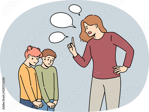 Obraz na plátně Evil stepmother scolds children who are afraid and look down guiltily in anticipation of punishment