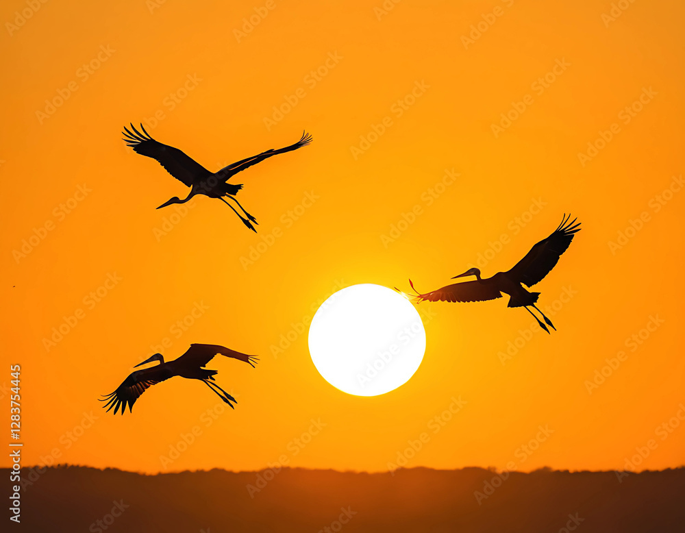 Naklejka premium A black silhouette illustration of a large stork and two smaller ones in a circular formation, flying towards a large orange sun. The background is a bright yellow sky.