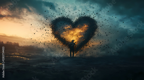 A symbolic representation of love fading away as a heart turns to ash. Fading Memories in Shadows. Illustration