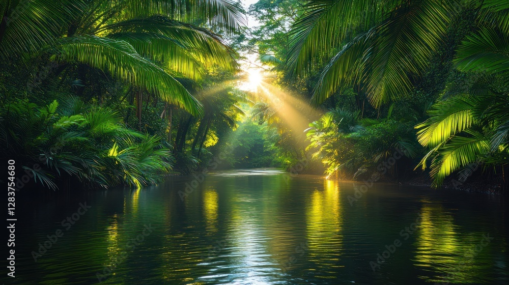 Obraz premium Sunlight streams jungle river