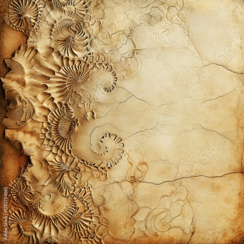 Abstract grunge background with ornament on old paper texture. Generated AI.	
