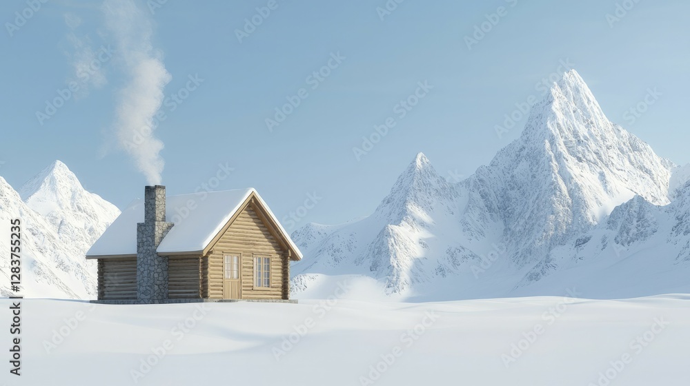 Cozy mountain cabin with smoke curling from chimney, surrounded by snow-capped peaks, creating a peaceful winter wonderland atmosphere. Cozy mountain cabin with smoke curling from chimney, surrounded by snow-capped peaks, creating a peaceful winter wonderland atmosphere.
