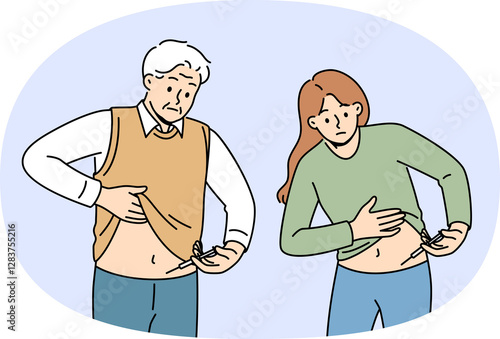 People with diabetes inject insulin into stomach to lower blood sugar levels and feel better. Diabetes problem in young woman and old man requiring regular doses of medication for hyperglycemia