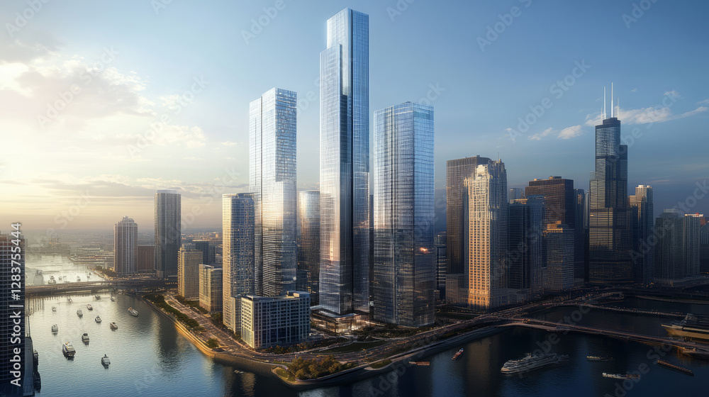 Obraz premium Transforming urban skyline at dawn vibrant cityscape aerial perspective modern architecture urban development stunning visuals