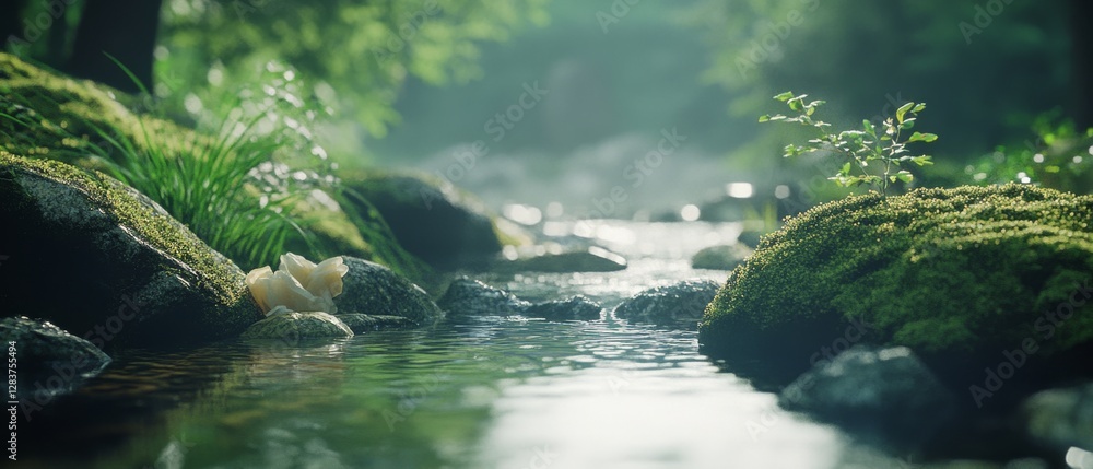 Fototapeta premium Serene forest stream flows over mossy rocks, enveloped by tranquil greenery, capturing nature's calming essence.