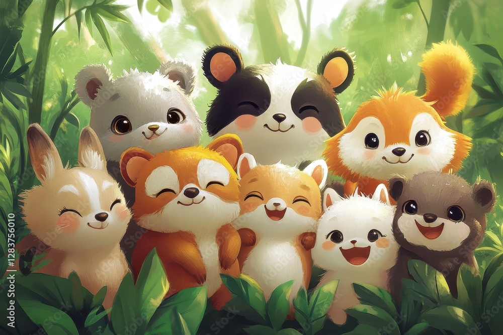 Naklejka premium Adorable animal friends gathered in a lush green forest happy together