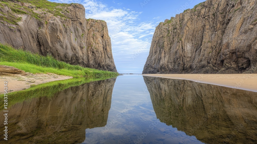 Dramatic tide pool reflections featuring rugged cliffs and lush coastal vegetation mirrored in still water, evoking a sense of calm and exploration. Dramatic tide pool reflections featuring rugged cliffs and lush coastal vegetation mirrored in still water, evoking a sense of calm and exploration.