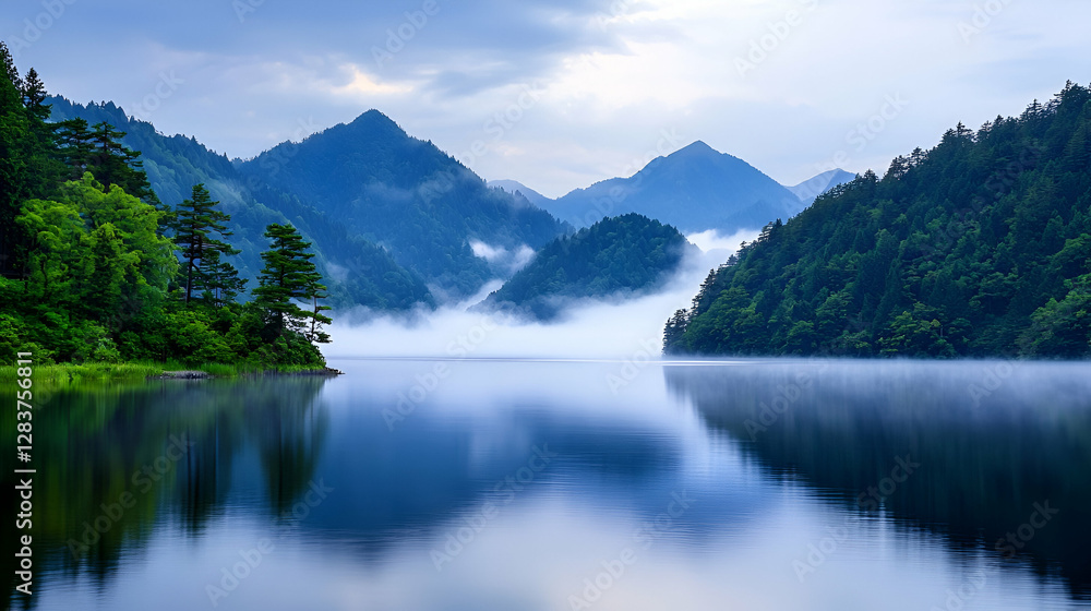 Misty Morning Over a Serene Lake and Mountains Misty Morning Over a Serene Lake and Mountains
