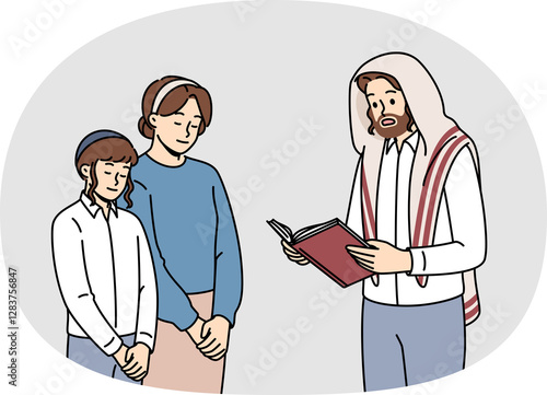 Religious jewish man reads torah to wife and son on eve of hanukkah or passover. Jewish family of father and mother together with child reading prayer and prophecies from holy book