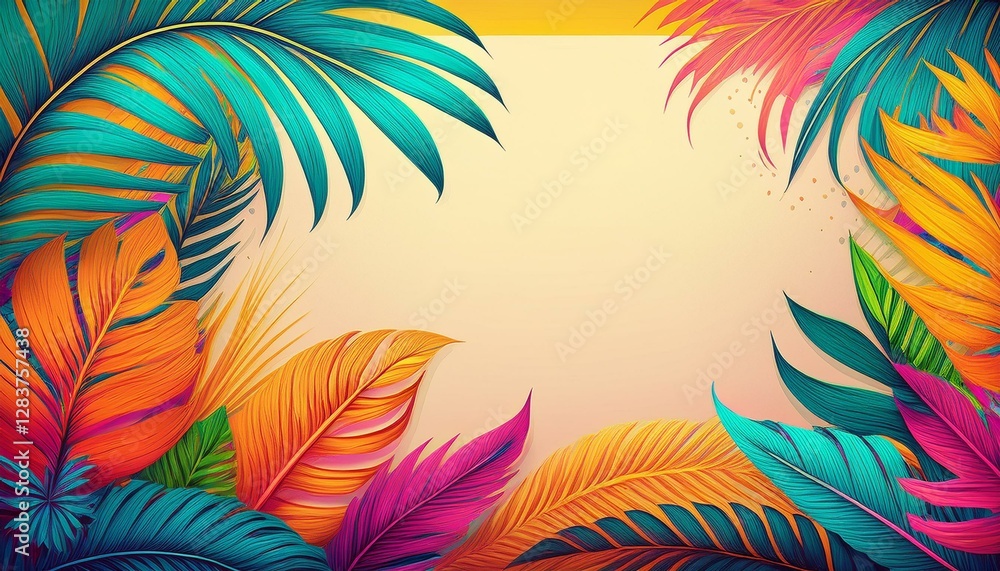 Tropical vibes banner. A tropical design with palm leaves and bright colors, leaving an area in the middle for a personalized message Tropical vibes banner. A tropical design with palm leaves and bright colors, leaving an area in the middle for a personalized message