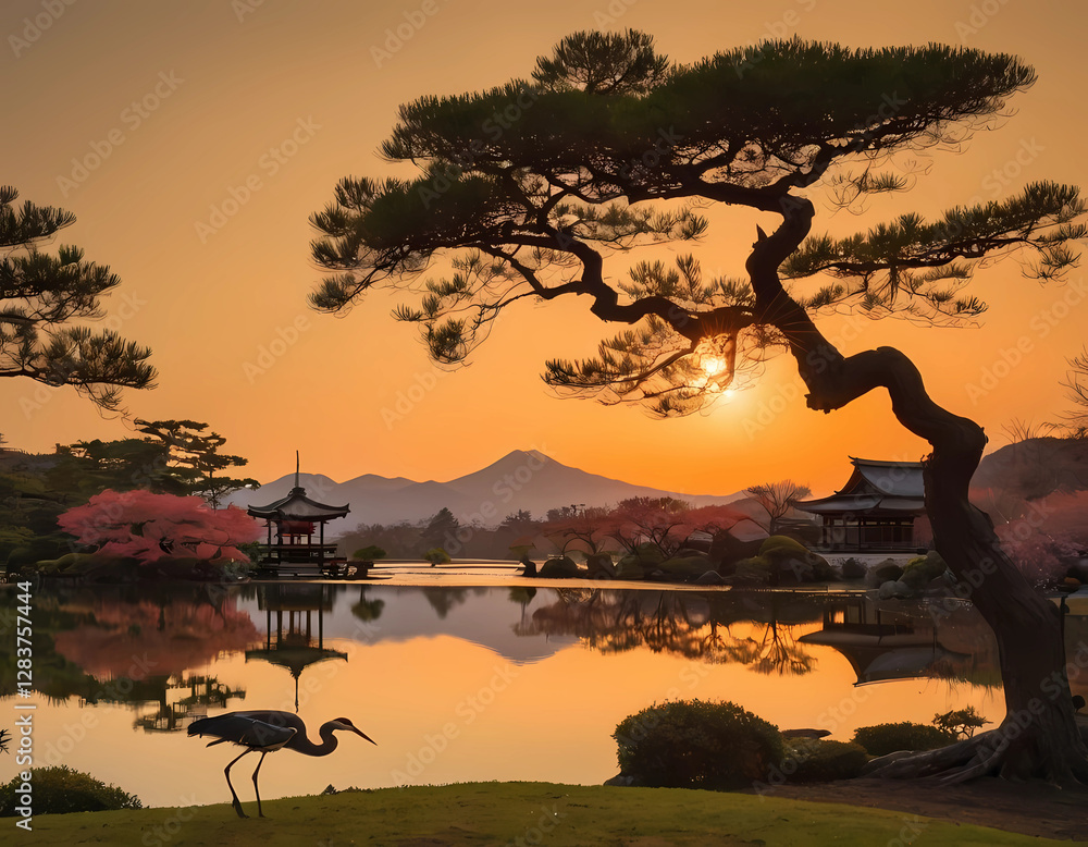 7.	A serene Japanese landscape at sunset, with a red sun casting a warm glow over the scene. The reflection of mountains and the sunset can be seen in a tranquil blue pond. Silhouettes of cherry trees