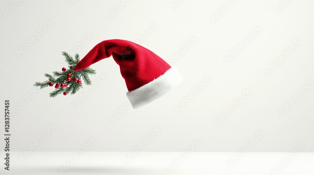 Red Santa Hat with Holiday Sprigs and Berries on White Background Red Santa Hat with Holiday Sprigs and Berries on White Background