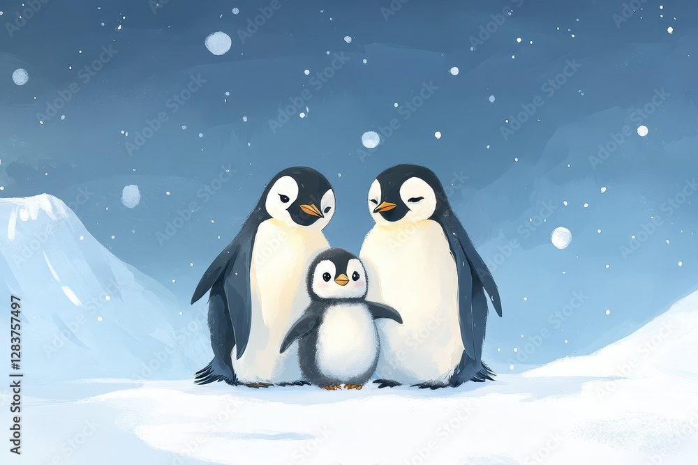 Naklejka premium Penguin Family Winter Snow Cute Animals
