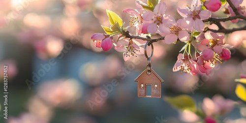 A house-shaped key ring dangles from a blooming branch, symbolizing home aspirations. The keychain reflects fresh starts amid spring blossoms, representing real estate, moving, or renting a new home.