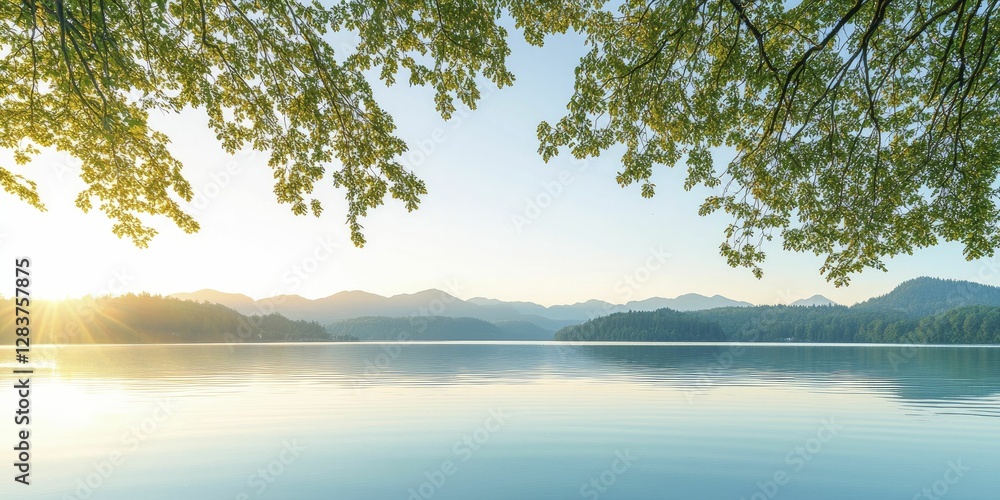 Golden hour light dances on tranquil lake surface, shadowy trees outlining skyline, evoking peaceful moments of nature's wonder at twilight.