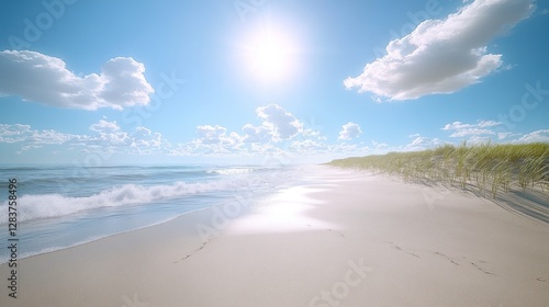 Sunny beach scene, waves, footprints, bright sky photo