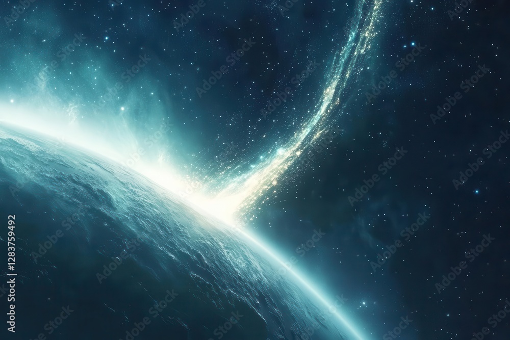 Obraz premium cinematic space scene with massive comet trailing iridescent particles, approaching earth's atmosphere, creating spectacular light show against starfield background