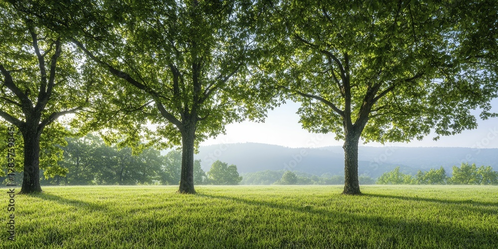 Morning mist embrace enveloping serene landscape with soft light filtering through trees. Gentle dew glistens on grass, creating tranquil atmosphere. Morning mist embrace enveloping serene landscape with soft light filtering through trees. Gentle dew glistens on grass, creating tranquil atmosphere.