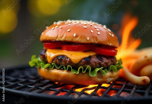 Backyard BBQ vibes, juicy burger grilled to perfection, adorned with flames