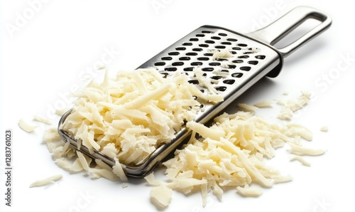 Grated cheese and grater on white background for cooking