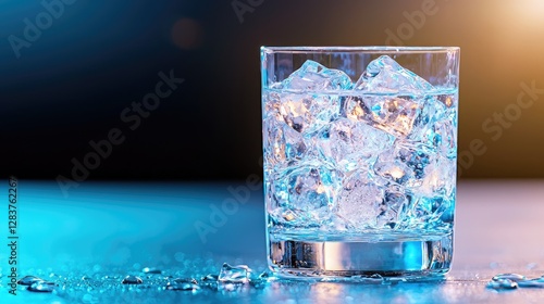 Refreshing Iced Water in Glass, Blue Lit Background photo