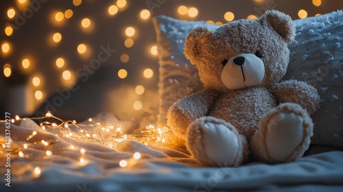 Wallpaper Mural Teddy bear sitting on a bed with a blanket and cozy warm aesthetic background Torontodigital.ca