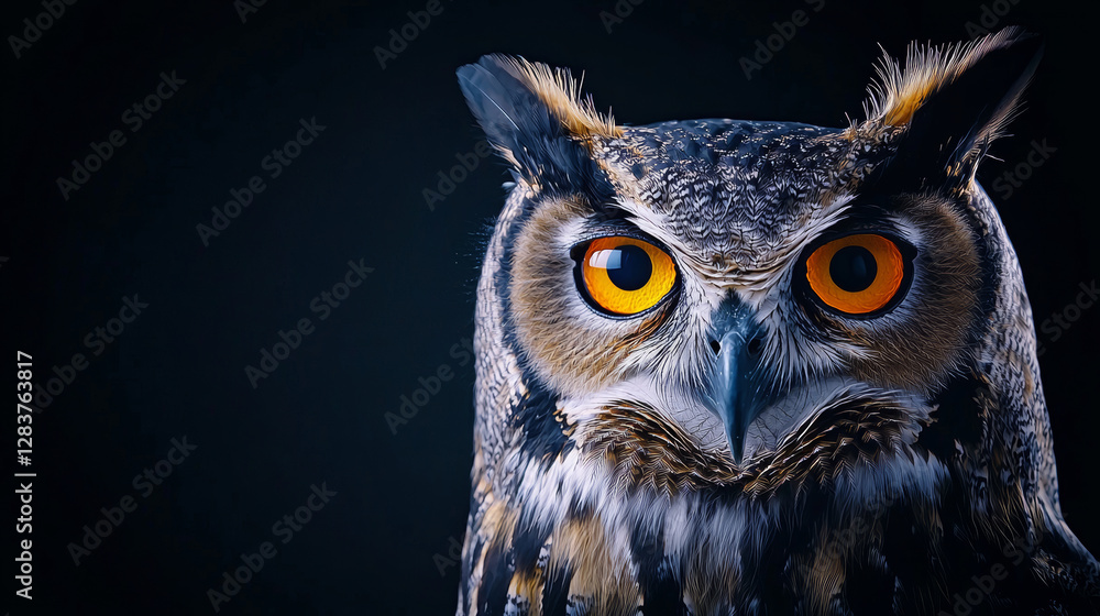 Close up of owl with sharp focus on its striking orange eyes against dark background Close up of owl with sharp focus on its striking orange eyes against dark background