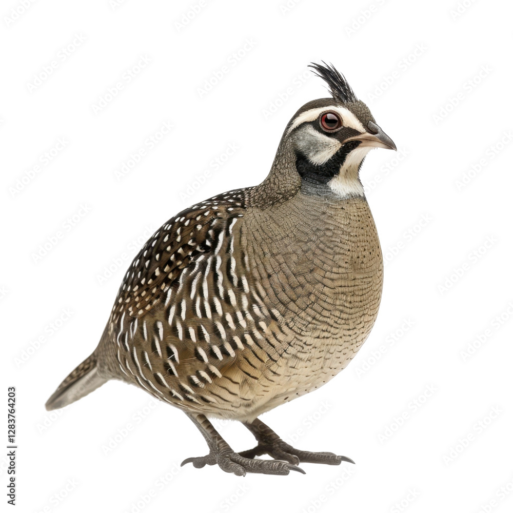 Fototapeta premium Quail bird with distinctive markings and crest, standing gracefully. This bird showcases intricate feather patterns and rounded body, embodying beauty of wildlife