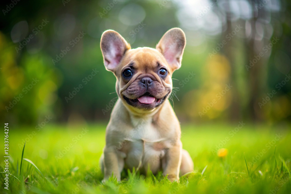 French Bulldog on the Lawn: A charming French Bulldog puppy sits happily on a vibrant green lawn. Captured with detailed realism, the scene showcases the dog's playful character against a gentle. French Bulldog on the Lawn: A charming French Bulldog puppy sits happily on a vibrant green lawn. Captured with detailed realism, the scene showcases the dog's playful character against a gentle.