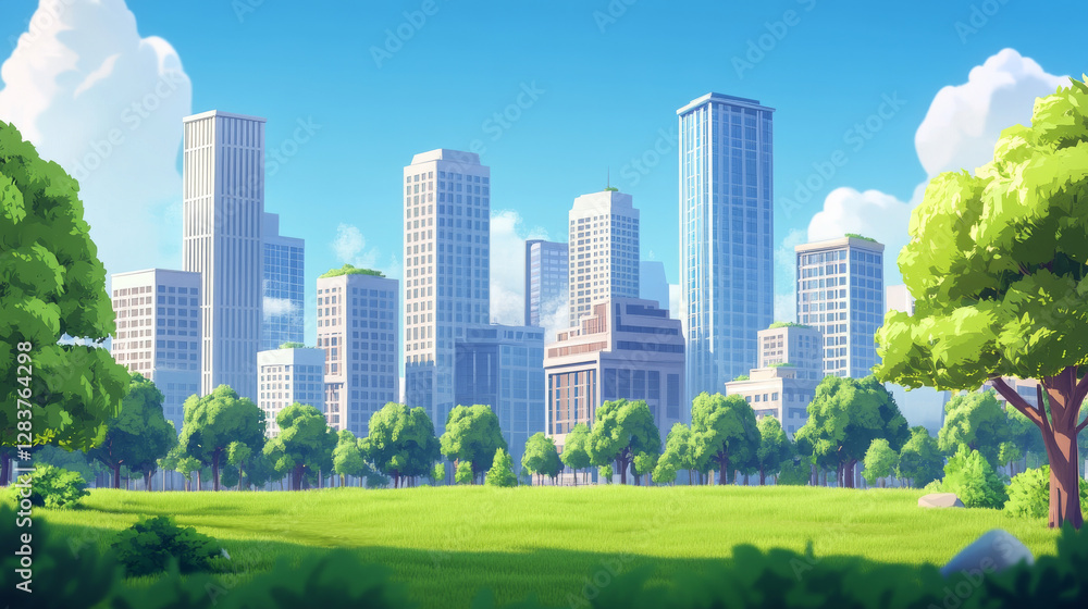 Parallax background city skyline, summer urban view with skyscrapers, green lawn, trimmed bushes and trees along pathway. 2d cityscape with separated layers for game animation, Vector illustration Parallax background city skyline, summer urban view with skyscrapers, green lawn, trimmed bushes and trees along pathway. 2d cityscape with separated layers for game animation, Vector illustration