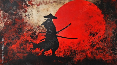 Silhouette samurai with background red moon