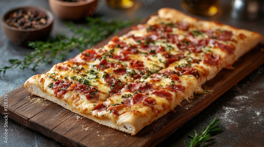 Warm and inviting, a classic cheese pizza slice lies on a rustic wooden board, topped with melted cheese and fragrant herbs. Perfect for a casual gathering or a cozy dinner at home Warm and inviting, a classic cheese pizza slice lies on a rustic wooden board, topped with melted cheese and fragrant herbs. Perfect for a casual gathering or a cozy dinner at home