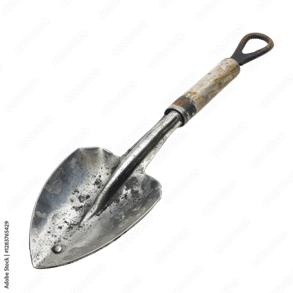 metal garden trowel with wooden handle, showing signs of wear and dirt, ideal for gardening tasks and outdoor activities
